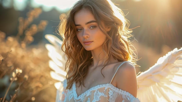 Etherische jonge vrouw met engelenvleugels in een zonnig veld dat fantasie en gratie weergeeft