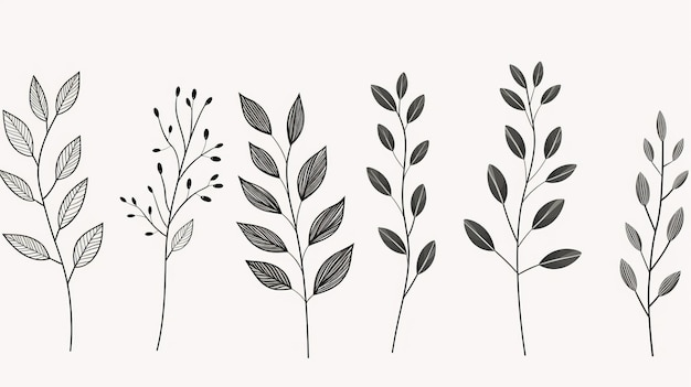 Etherische met de hand getekende bladillustraties Delicate minimalistische bladerenkunst