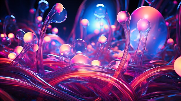 Foto etherische neonbubbels die uitzetten, samentrekken en samensmelten in een droomachtige dans