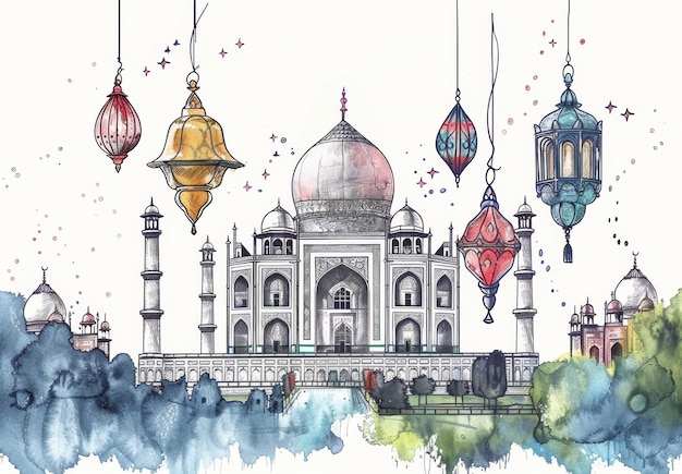 Etherische waterverfillustratie van de Taj Mahal met hangende lantaarns Kunstzinnige Eidviering
