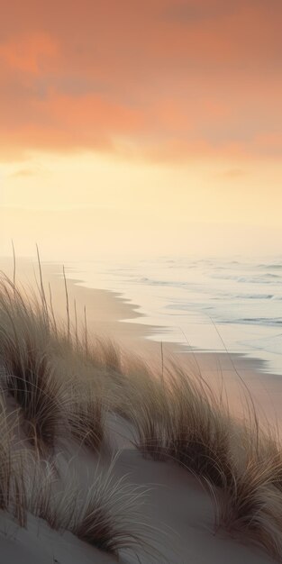 Foto etherische zeegezichten een serene duin met gras en zonsondergang