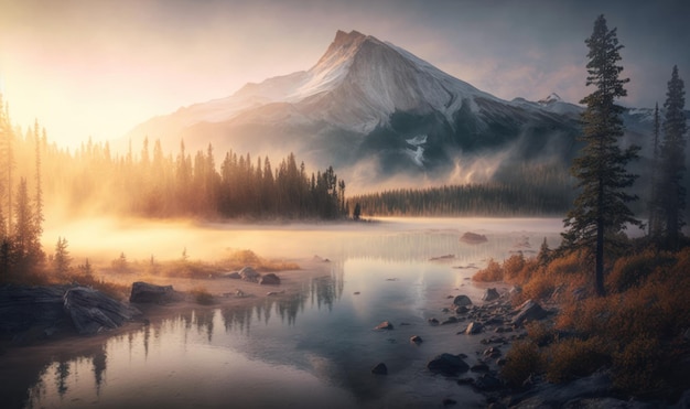 Etherische zonsopgang boven Medicine Lake in Jasper National Park