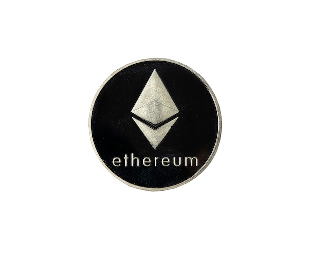 Etherium of etherum zilveren munt geïsoleerd op wit. Bovenaanzicht van eth-symbool.