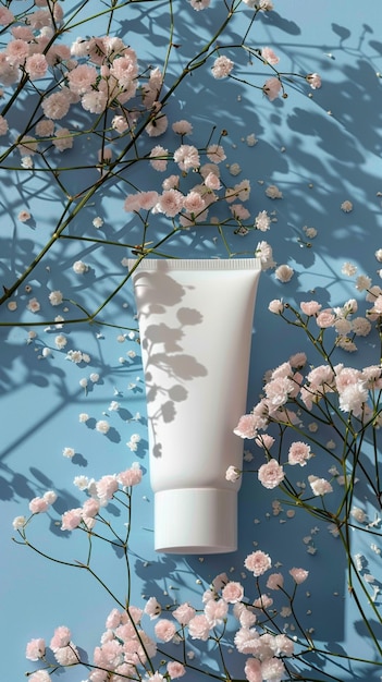 Ethical beauty concept White cosmetic tube with gypsophila flowers Vertical Mobile Wallpaper