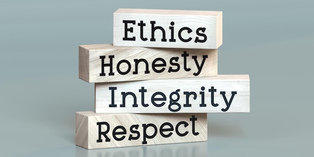 Photo ethics honesty integrity respect words on wooden blocks 3d illustration