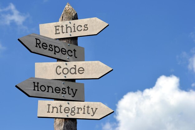 Photo ethics respect code honesty integrity wooden signpost with five arrows sky with clouds