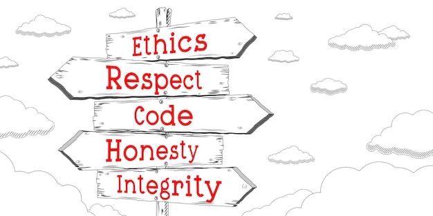 Foto ethiek respect code eerlijkheid integriteit schets wegwijzer met vijf pijlen