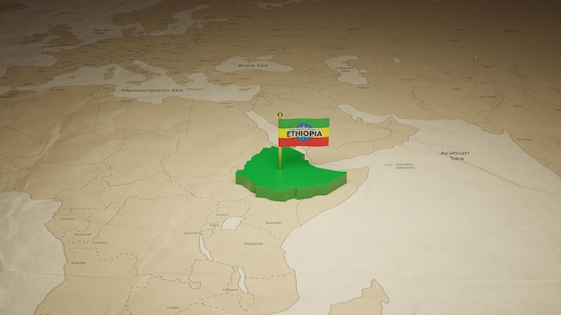 Mappa 3d dell'etiopia sullo sfondo della mappa del mondo