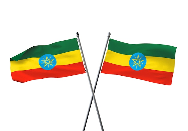 Ethiopia flags crossed isolated on a white background d rendering