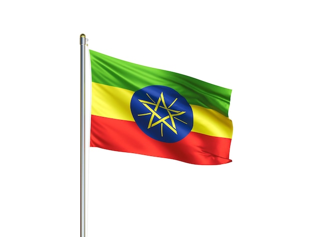 Bandiera nazionale dell'etiopia che sventola su sfondo bianco isolato illustrazione 3d della bandiera dell'etiopia