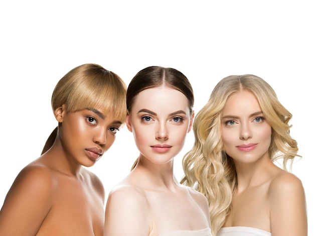 Ethnic beauty women group with different race hairstyle color skin beautiful female skin type. Studio shot.