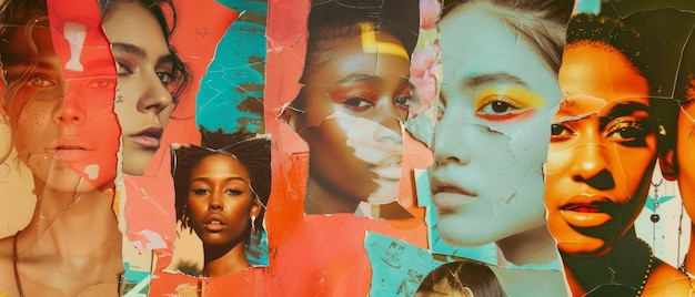 다채로운 배경에 젊은 패션 모델의 얼굴의 절반으로 구성 된 민족 콜라지는 다양한 연령과 관심의 사람들의 동등성과 통합에 대한 감정