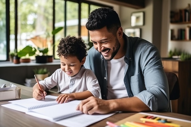 Ethnic dad helps son to do homework at home Generative AI