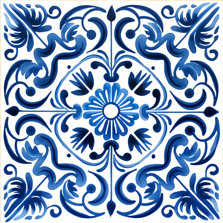 Photo ethnic folk ceramic tile in talavera style with turquoise blue floral ornament seamless pattern