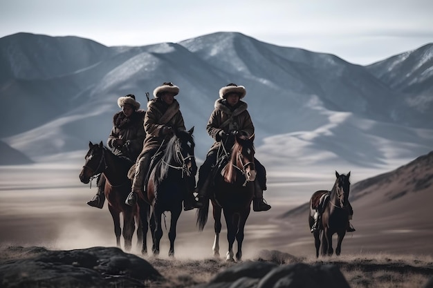 Ethnic Mongols in the steppe on horseback Neural network AI generated