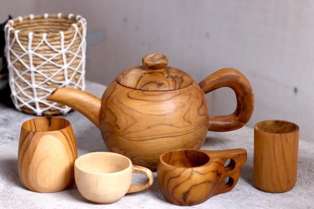 Photo ethnic tea pot wood wooden craft