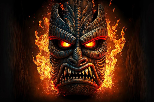 Ethnic tiki mask voodoo wooden head with burning eyes