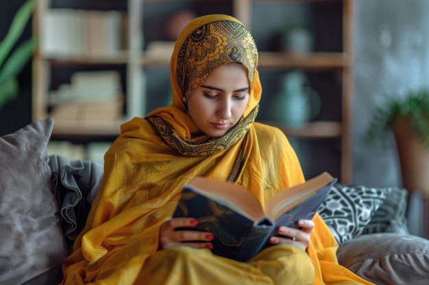 Photo ethnic woman reading book at home in elegant headscarf