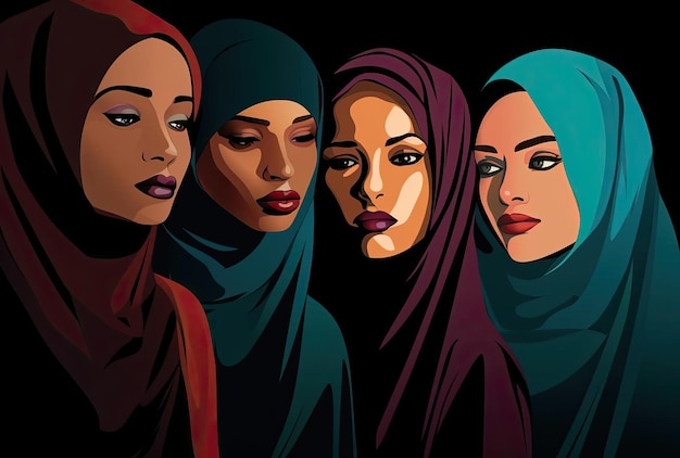 ethnic women in black background vector illustration in the style of diverse color palette