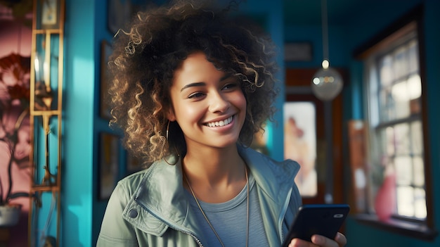 Photo ethnic young african american businesswoman with smartphone is smiling and happy near window at cafe