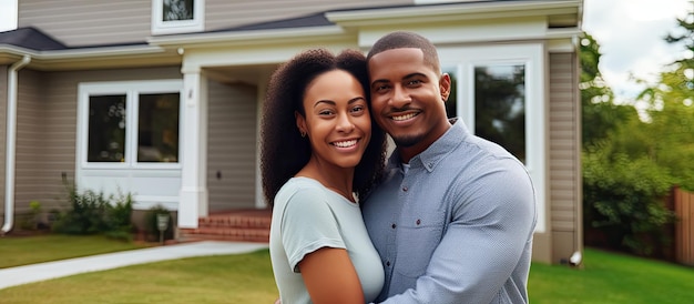 An ethnically diverse couple proudly poses in front of their new home holding house keys