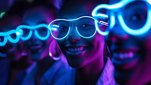 Ethnically diverse happy smiling business people in glowing color glasses looking at the camera Glow cyan neon cyan and dark blue light nightclub fun