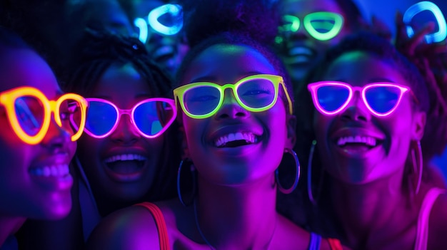 Этнически разнообразные счастливые улыбающиеся деловые люди в светящихся цветных очках смотрят в камеру. Светящийся голубой неоновый голубой и темно-синий свет веселье в ночном клубе