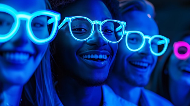 Foto etnicamente diversi felici persone d'affari sorridenti con occhiali colorati luminosi che guardano la telecamera glow cyan neon cyan e luce blu scuro divertimento in discoteca