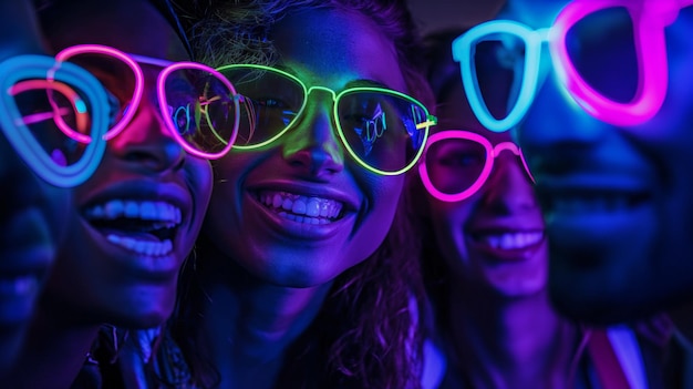 Фото Этнически разнообразные счастливые улыбающиеся деловые люди в светящихся цветных очках смотрят в камеру. светящийся голубой неоновый голубой и темно-синий свет веселье в ночном клубе