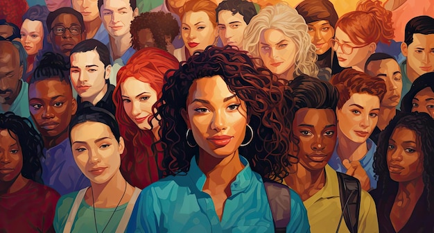 ethnically diverse people in a row in the style of editorial illustrations