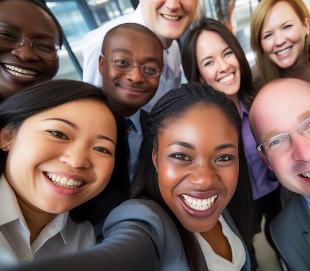 Foto diversità etnica al lavoro con dipendenti felici che celebrano i risultati aziendali