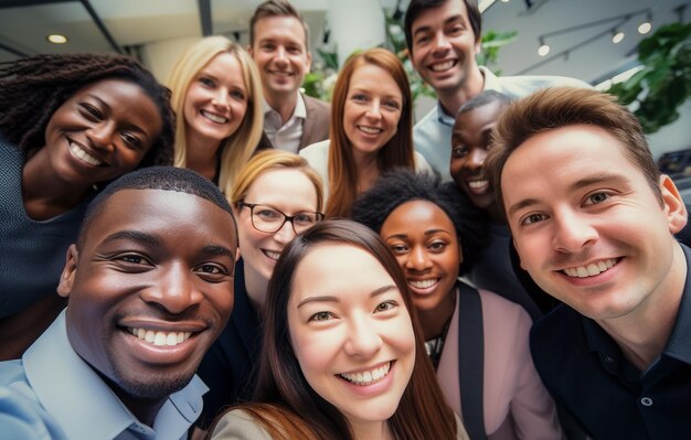 Foto diversità etnica al lavoro con dipendenti felici che celebrano il successo aziendale