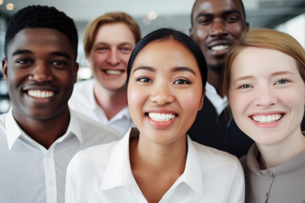 Photo ethnicity and diversity at work with happy employees celebrating business success