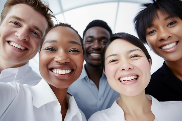 ビジネス成功を祝う幸せな従業員との仕事での民族と多様性