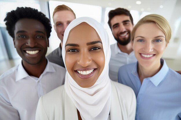 Foto etniciteit en diversiteit op het werk met gelukkige werknemers die zakelijk succes vieren