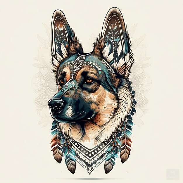 Foto etnisch dier totem portret duitse herder raszuivere hond illustratie met decoratief stam ornament patroon