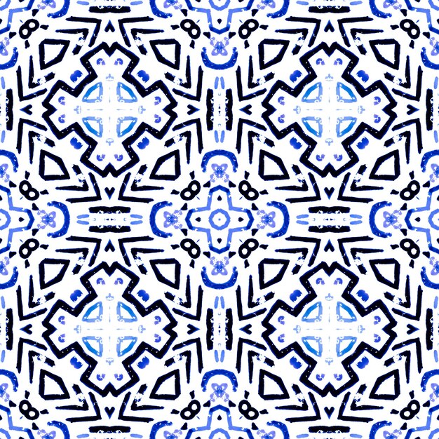 Etnische geometrische patroon. Blauwe Indigo Witte Kleuren. Keramische tegel afdrukken.