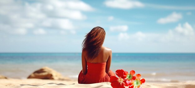 Etnische jonge vrouw in rode jurk met prachtige exotische bloemen zit op een tropisch strand