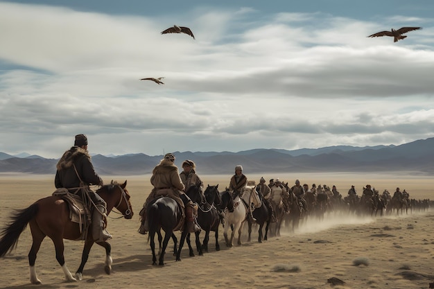 Etnische Mongolen in de steppe op paard Neuraal netwerk AI gegenereerd