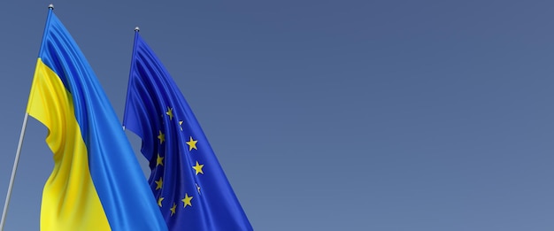 Фото Флаги ес и украины на флагштоках сбоку флаги на синем фоне место для текста независимая свободная украина европейский союз европа содружество 3d иллюстрация
