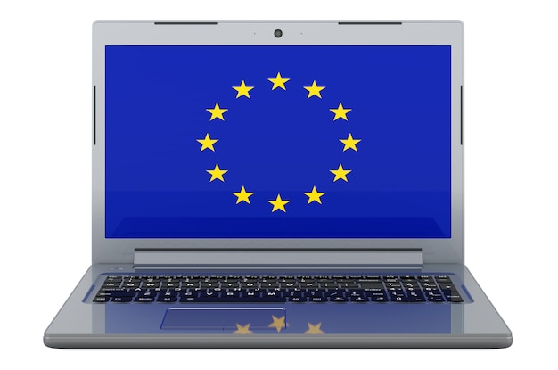 The EU flag on laptop screen 3D illustratio