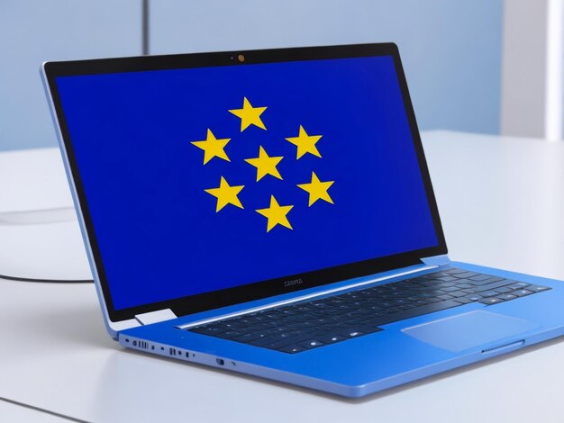 The EU flag on laptop screen 3D illustration isolated on white background