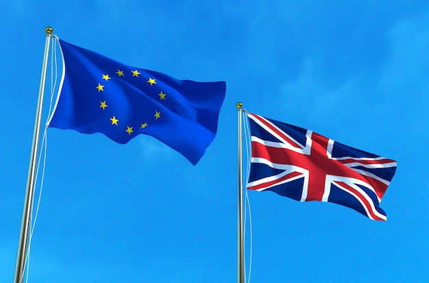 EU and UK flags on the blue sky background