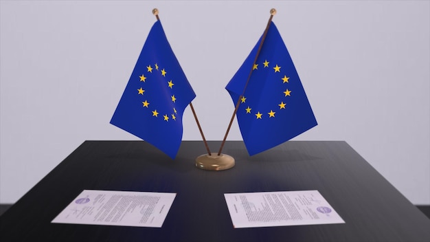 EU-vlag op tafel Politieke deal of zakelijke overeenkomst met land 3D illustratie