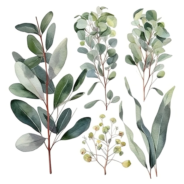 Eucalyptus aquarel set aparte witte achtergrond