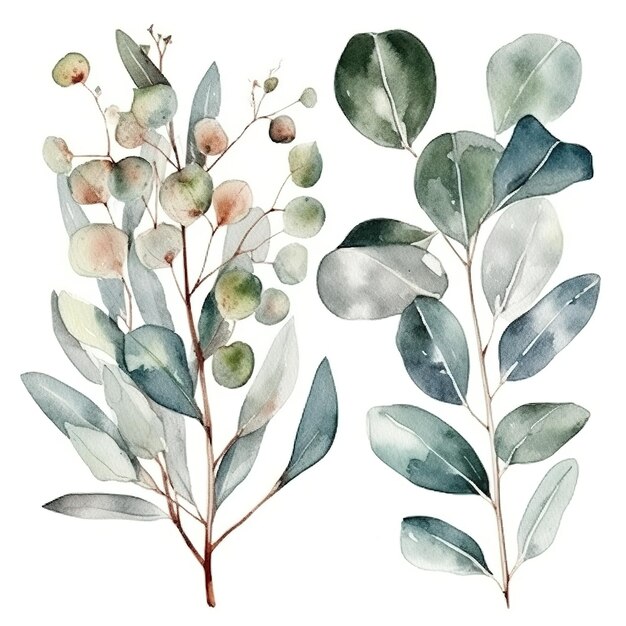 Eucalyptus aquarel set aparte witte achtergrond