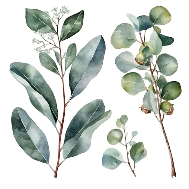 Eucalyptus aquarel set aparte witte achtergrond