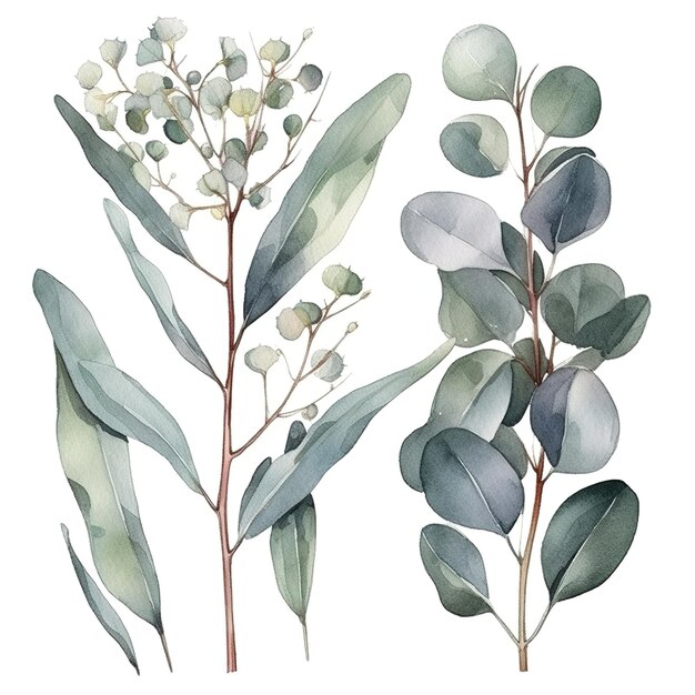 Eucalyptus aquarel set aparte witte achtergrond