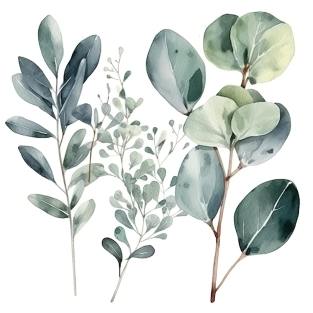 Eucalyptus aquarel set aparte witte achtergrond