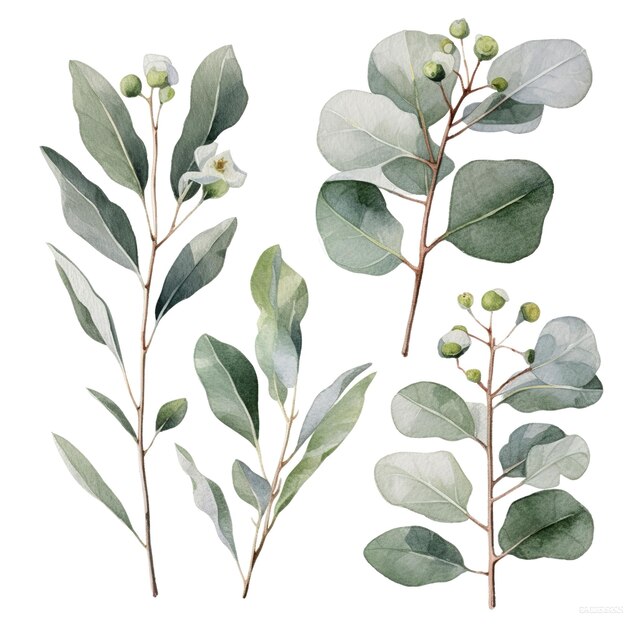 Eucalyptus aquarel set aparte witte achtergrond